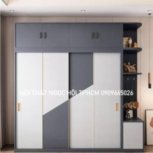Tủ quần áo cửa lùa hiện đại phối màu ghi xám – Thiết kế tối giản, công năng tối ưu