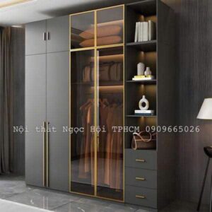 Tủ quần áo cao cấp phối kính cường lực khung viền vàng – Đẳng cấp cho phòng ngủ hiện đại