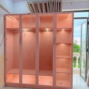 Tủ quần áo cánh kính màu hồng pastel – Tạo điểm nhấn ngọt ngào cho không gian sống
