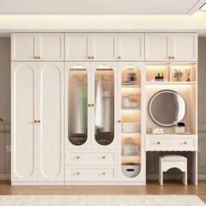 Tủ Quần Áo Tân Cổ Điển Kèm Bàn Trang Điểm Hiện Đại Có Đèn LED