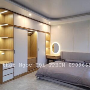 Tủ Quần Áo Cửa Lùa Hiện Đại Kết Hợp Bàn Trang Điểm Và Kệ Trang Trí Có Đèn LED