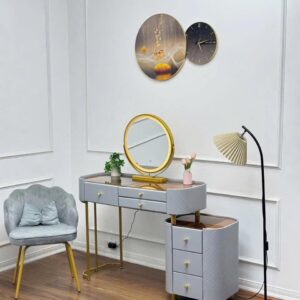 Bàn Trang Điểm Xám Gương Tròn Viền Vàng – Thanh Lịch & Hiện Đại