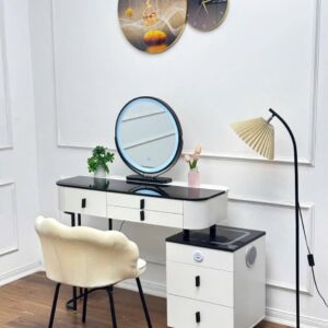 Bàn Trang Điểm Trắng Đen Gương Tròn LED – Tối Giản & Hiện Đại