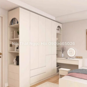 Tủ Quần Áo Kết Hợp Bàn Học Phong Cách Tối Giản Màu Trắng Sữa
