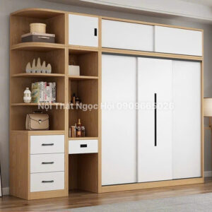 Tủ quần áo gỗ công nghiệp cửa lùa màu trắng kết hợp kệ trang trí tiện dụng