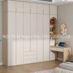 Tủ Quần Áo MDF Phủ Melamin Kết Hợp Bàn Làm Việc Hiện Đại