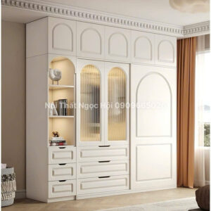 Tủ Quần Áo Cửa Lùa Kết Hợp Kệ Trang Trí Tân Cổ Điển Màu Trắng Sữa
