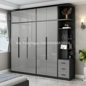 Tủ Quần Áo MDF Phủ Melamin Màu Ghi Xám Hiện Đại Có Kệ Trang Trí