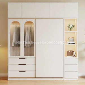 Tủ Quần Áo MDF Phủ Melamin Cửa Lùa Hiện Đại Kết Hợp Kệ Trang Trí