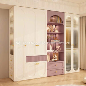 Tủ Quần Áo MDF Phủ Melamin Màu Trắng Tím Pastel Kết Hợp Kệ Trang Trí