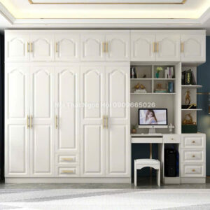 Tủ Quần Áo Tân Cổ Điển Kết Hợp Bàn Làm Việc – MDF Phủ Melamin Cao Cấp