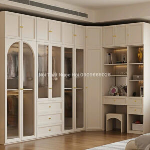 Tủ Quần Áo Góc Chữ L Kết Hợp Bàn Trang Điểm – MDF Phủ Melamin Sang Trọng