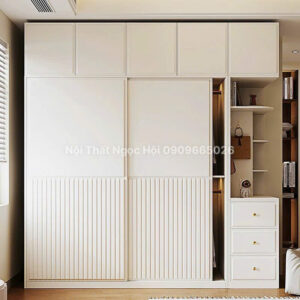 Tủ quần áo cửa lùa hiện đại MDF, kèm kệ trang trí và ngăn kéo – Màu trắng kem sang trọng