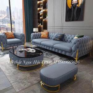 Bộ sofa tân cổ điển bọc nhung xanh khói chân inox mạ vàng – đẳng cấp và thời thượng