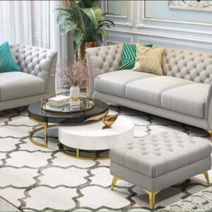 Bộ sofa bọc da xám tân cổ điển chân mạ vàng – Đẳng cấp và tinh tế cho không gian sống