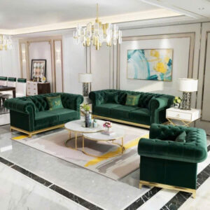Sofa tân cổ điển nhung xanh rêu chân mạ vàng sang trọng