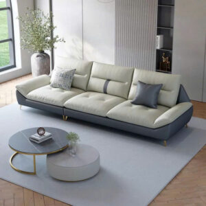 Sofa da phối màu xám – kem hiện đại, sang trọng, chuẩn gu nội thất đương đại
