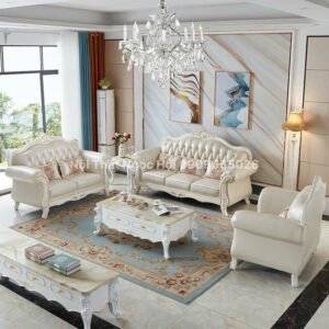 Bộ sofa tân cổ điển hoàng gia bọc da màu kem – Đẳng cấp quý tộc, tôn vinh không gian sống