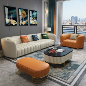 Bộ sofa da hiện đại phối màu cam – kem: Bứt phá phong cách, nâng tầm không gian sống