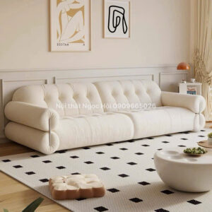Sofa vải nhung màu kem phong cách Pháp cổ điển – Mềm mại & thanh lịch cho không gian sống