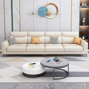 Sofa da cao cấp màu kem – Sang trọng, hiện đại cho phòng khách đẳng cấp