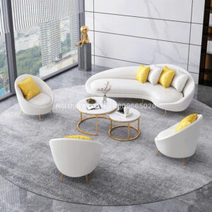 Sofa vải trắng dáng cong kết hợp ghế thư giãn
