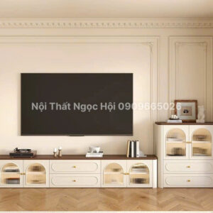 Kệ Tivi Tân Cổ Điển Cửa Lùa Kính Cong – Sang Trọng & Tinh Tế