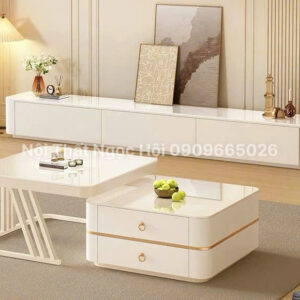 Bộ bàn trà và kệ tivi mặt đá trắng bo tròn – Phong cách hiện đại, tối giản