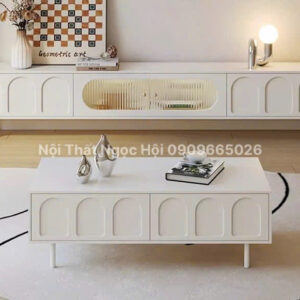 Bộ bàn trà – kệ tivi thiết kế vòm hiện đại, màu trắng thanh lịch, phong cách Bắc Âu