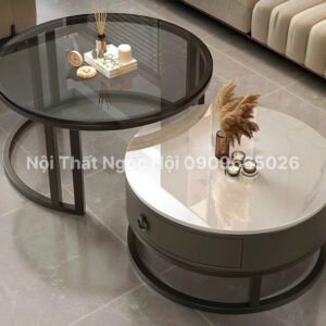 Bộ bàn trà đôi mặt đá và kính hiện đại BT011