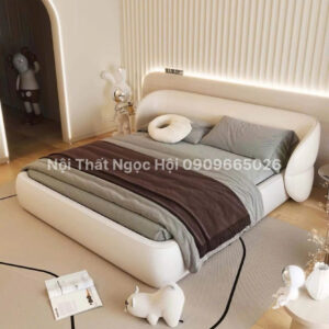 Giường Ngủ Bọc Da Trắng Thiết Kế Bo Tròn Hiện Đại