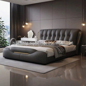 Giường Ngủ Bọc Da Màu Xám Đậm Sang Trọng – Vẻ Đẹp Mạnh Mẽ & Tinh Tế