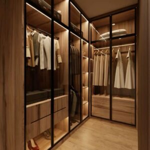 Tủ Quần Áo Cửa Kính Khung Đen – Phong Cách Sang Trọng, Ánh Sáng Ấm Áp
