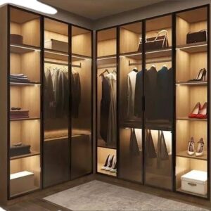 Tủ Quần Áo Góc Chữ L Cửa Kính Viền Đen – Nội Thất Đẳng Cấp Cho Phòng Thay Đồ