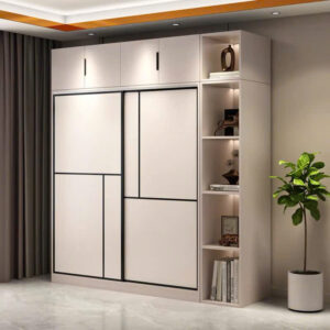 Tủ Quần Áo Cửa Lùa Hiện Đại Phối Viền Đen – Kệ Trang Trí Đèn LED