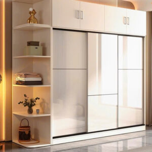 Tủ Quần Áo Cửa Lùa Màu Trắng Bóng – Kệ Trang Trí Bo Cong, Thiết Kế Kịch Trần Hiện Đại