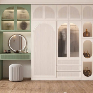 Tủ quần áo tân cổ điển liền bàn trang điểm màu trắng phối xanh pastel