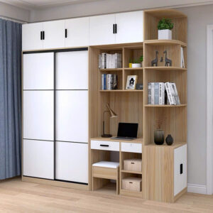 Tủ quần áo liền bàn làm việc hiện đại màu trắng phối vân gỗ sồi