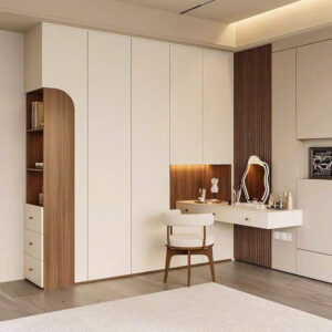Tủ quần áo MDF liền bàn trang điểm hiện đại màu trắng vân gỗ