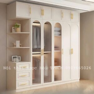 Tủ Quần Áo Gỗ Công Nghiệp Cánh Kính Sọc – Tông Trắng Sang Trọng, Kệ Trang Trí Đa Năng
