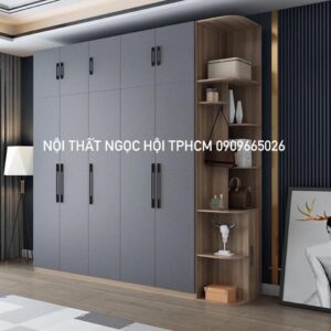 Tủ Quần Áo Gỗ Công Nghiệp 5 Cánh Màu Xám – Kệ Trang Trí Đa Năng, Thiết Kế Hiện Đại