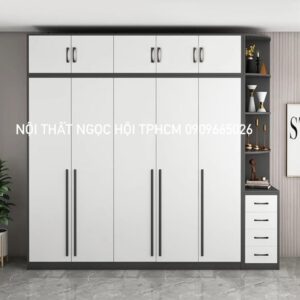 Tủ Quần Áo Gỗ Công Nghiệp Trắng Xám Hiện Đại – Kệ Góc Trang Trí Đa Năng