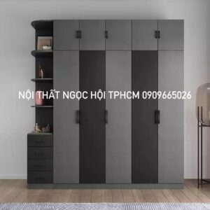 Tủ Quần Áo 5 Cánh Màu Xám Đậm Phối Đen – Kèm Kệ Góc Trang Trí Đa Năng