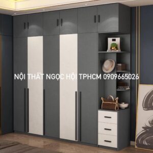 Tủ Quần Áo 5 Cánh Ghi Đậm Phối Trắng – Có Kệ Góc & Ngăn Kéo Đa Năng