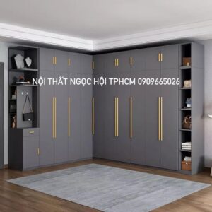 Tủ Quần Áo Chữ L Màu Xám Tay Nắm Vàng – Có Kệ Góc Trang Trí Sang Trọng