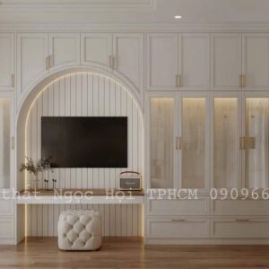 Tủ Âm Tường Kết Hợp Tivi và Trang Trí – Thiết Kế Vòm Tân Cổ Điển Sang Trọng