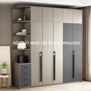 Tủ Quần Áo 5 Cánh Gỗ Xám Phối Đen – Tích Hợp Kệ Góc & Hộc Kéo Đa Năng