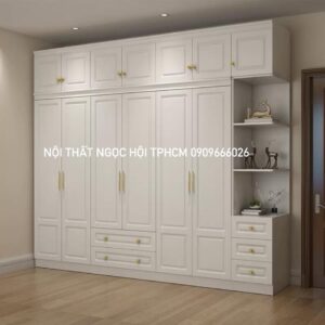 Tủ Quần Áo Tân Cổ Điển 6 Cánh Màu Trắng – Kèm Kệ Góc Trang Trí Đẹp Mắt