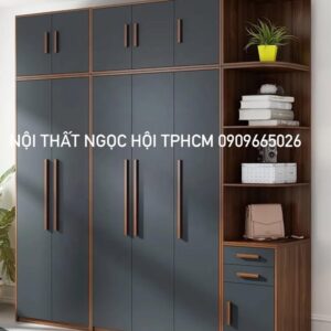 Tủ Quần Áo Cửa Màu Xanh Đen Phối Gỗ – Tủ Kết Hợp Kệ Trang Trí Hiện Đại Sang Trọng