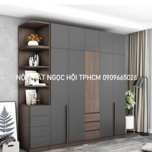 Tủ Quần Áo Màu Xám Tro Kết Hợp Gỗ Óc Chó – Thiết Kế Hiện Đại, Kệ Trang Trí Tiện Lợi